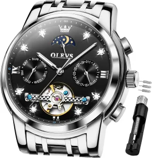 OLEVS Mechanical Men Watch Chronograph Diamond Tourbillon Date Moon Phase Adjustable Bracelet Gift Multi-Function Blue/Black/Gold/Silver Face Watch for Men