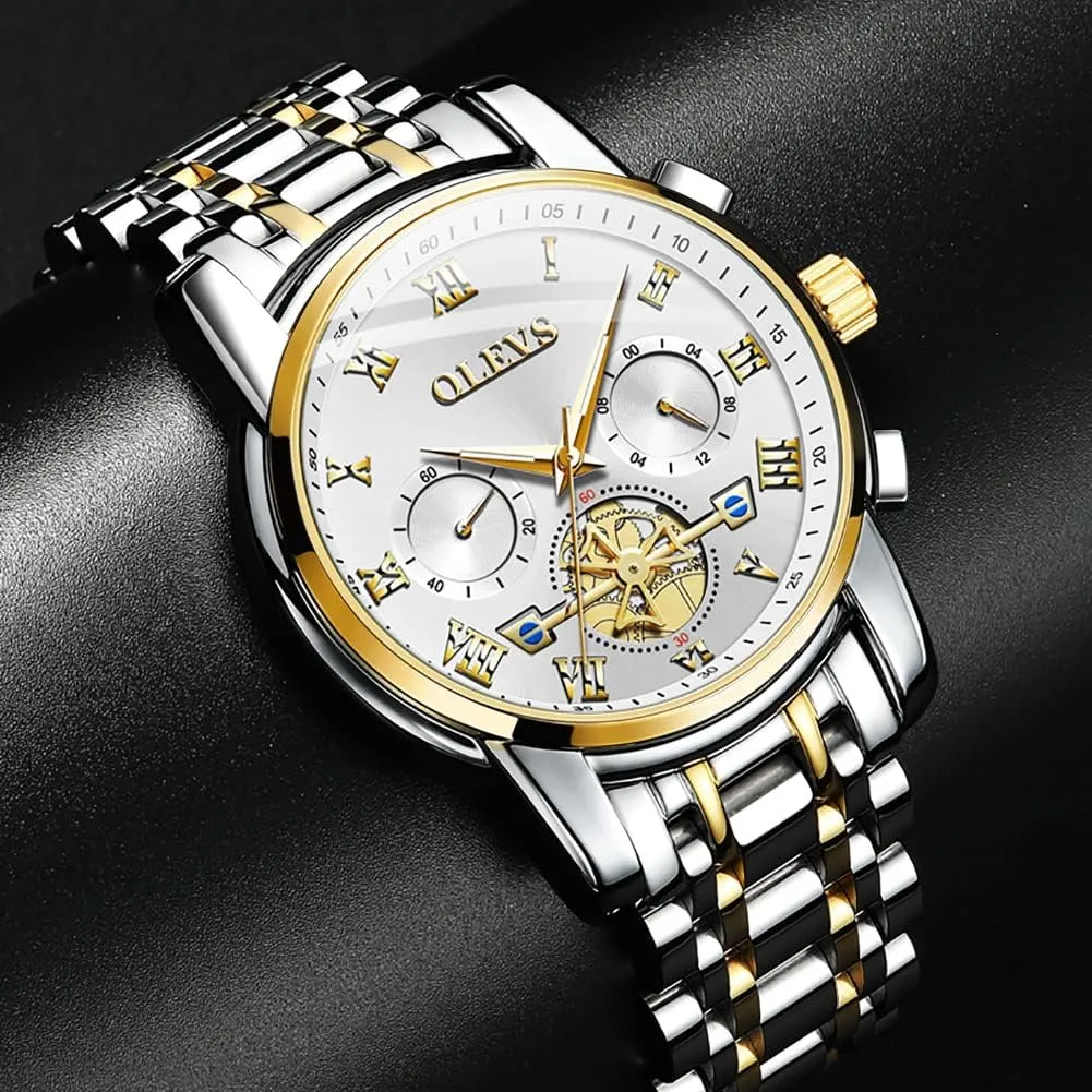 OLEVS Men Multifunction Watch, Multi Dial Waterproof Luminous Chronograph Men's Watch with Date Gift for Men,Stainless Steel Watches for Men,Classic Men Wrist Watch