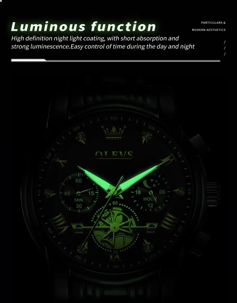 OLEVS Men Skeleton Watches Stainless Steel Analog Quartz Moon Phase Male Watch, Diamond Multi Calendar Chronograph Watch,Waterproof Wrist Watch for Men