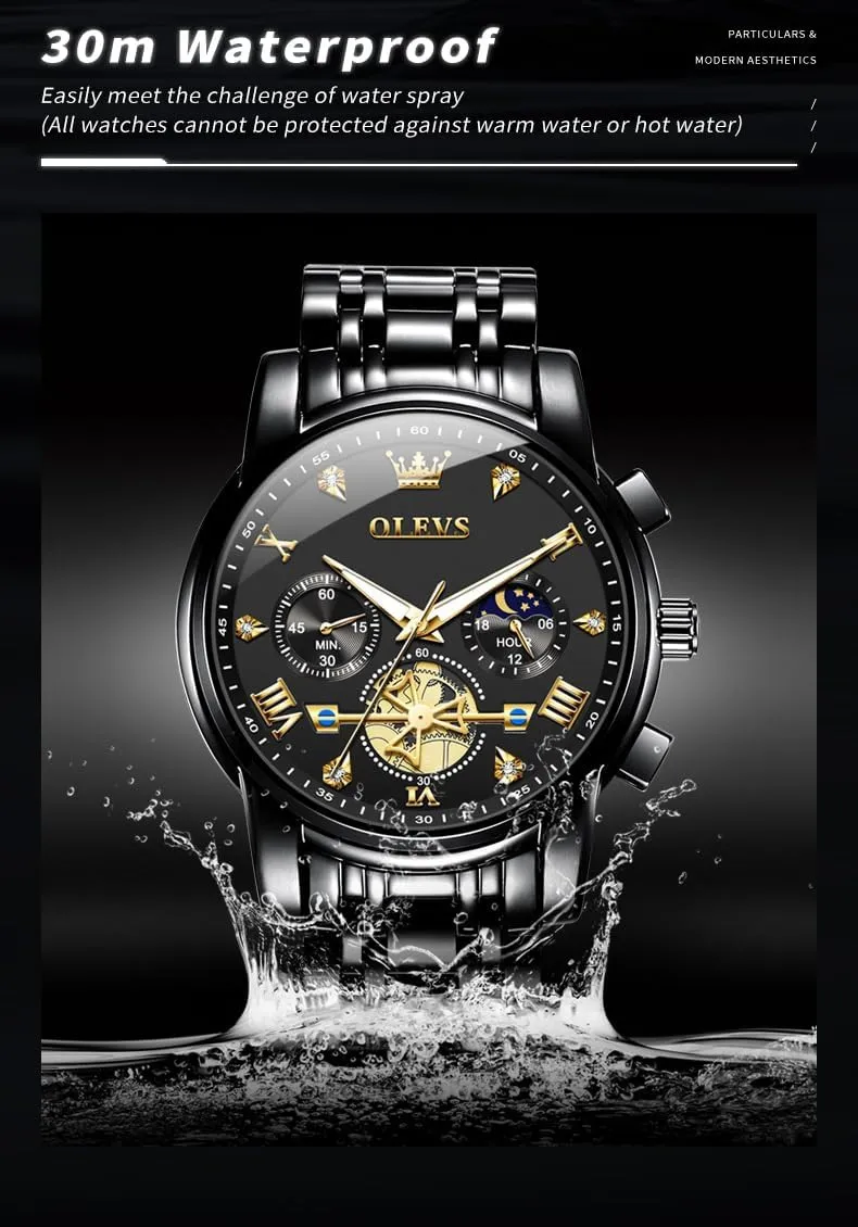 OLEVS Men Skeleton Watches Stainless Steel Analog Quartz Moon Phase Male Watch, Diamond Multi Calendar Chronograph Watch,Waterproof Wrist Watch for Men