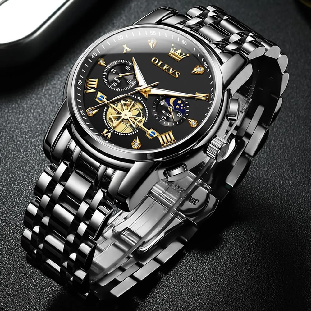 OLEVS Men Skeleton Watches Stainless Steel Analog Quartz Moon Phase Male Watch, Diamond Multi Calendar Chronograph Watch,Waterproof Wrist Watch for Men