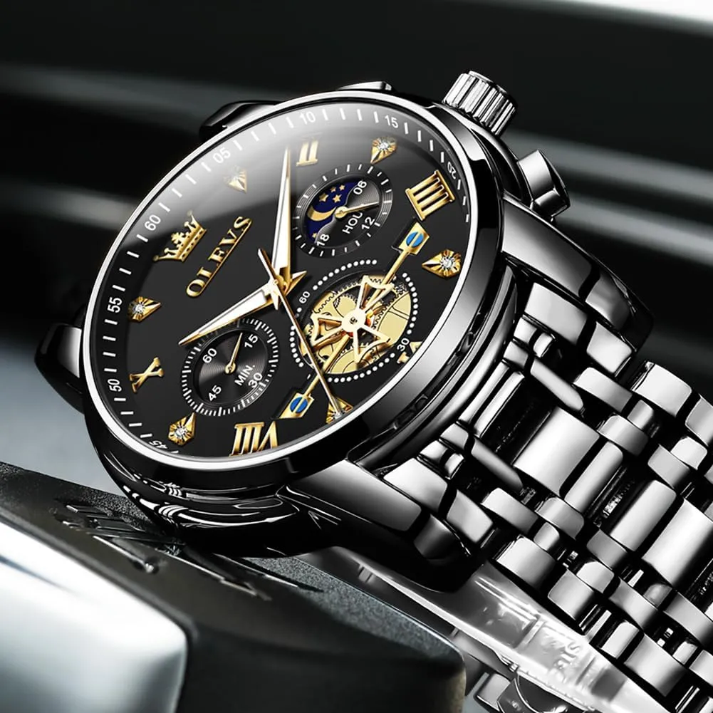 OLEVS Men Skeleton Watches Stainless Steel Analog Quartz Moon Phase Male Watch, Diamond Multi Calendar Chronograph Watch,Waterproof Wrist Watch for Men