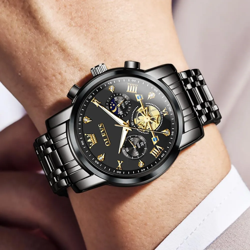OLEVS Men Skeleton Watches Stainless Steel Analog Quartz Moon Phase Male Watch, Diamond Multi Calendar Chronograph Watch,Waterproof Wrist Watch for Men