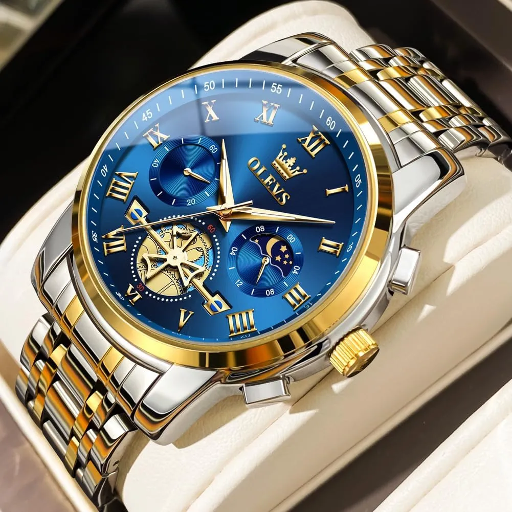 OLEVS Men Watches Square Business Dress Diamond Analog Quartz Date Luxury Watch for Men Casual Stainless Steel Waterproof Luminous Two Tone Wrist Watch