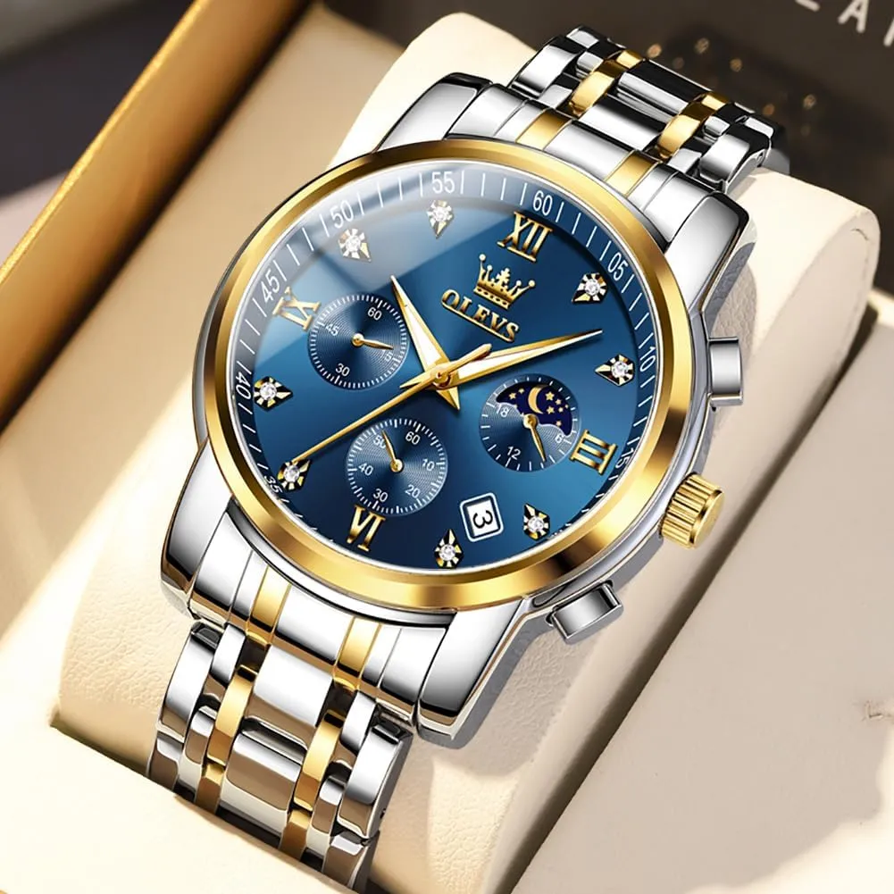 OLEVS Watch for Men Diamond Business Dress Analog Quartz Stainless Steel Waterproof Luminous Date Two Tone Luxury Casual Wrist Watch