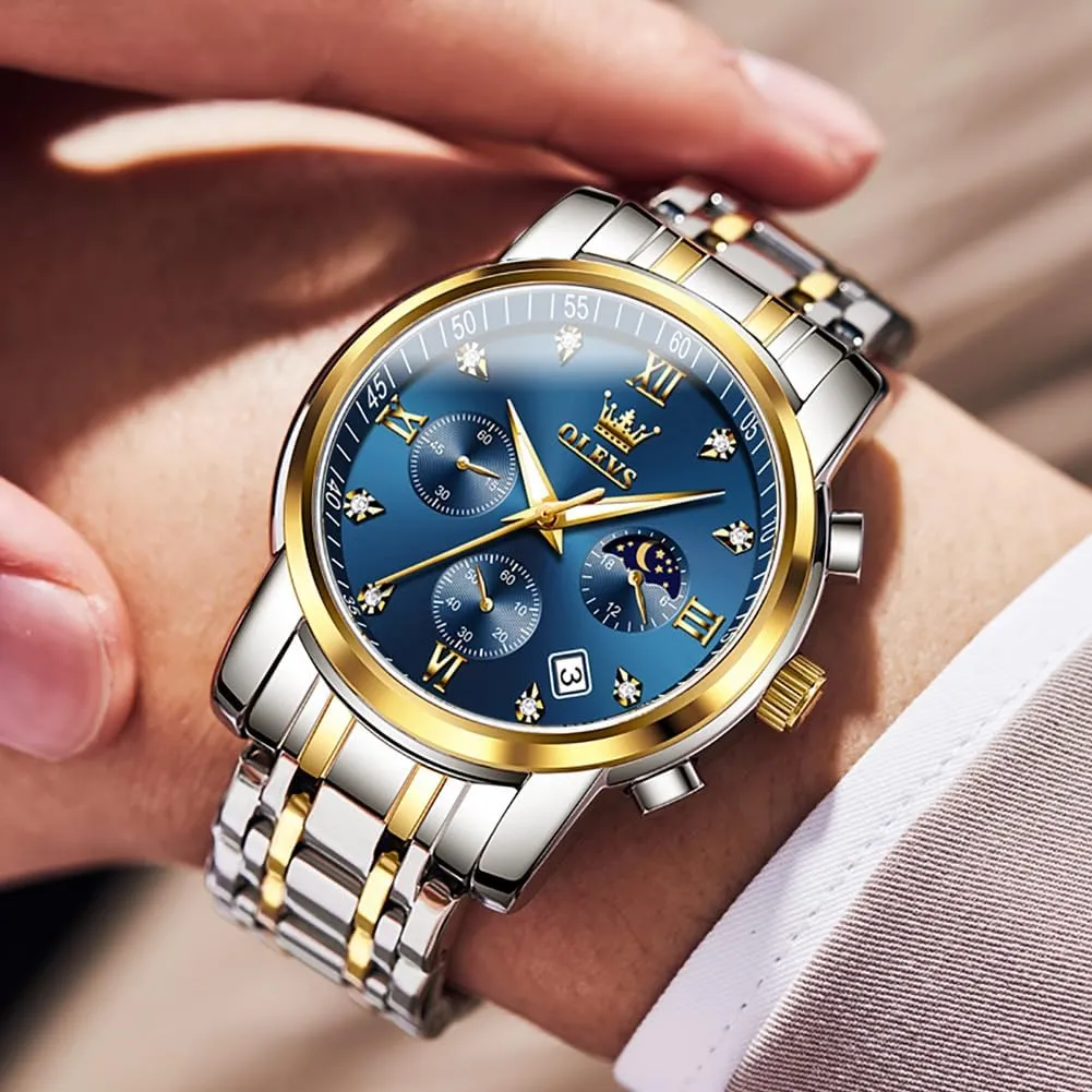 OLEVS Watch for Men Diamond Business Dress Analog Quartz Stainless Steel Waterproof Luminous Date Two Tone Luxury Casual Wrist Watch