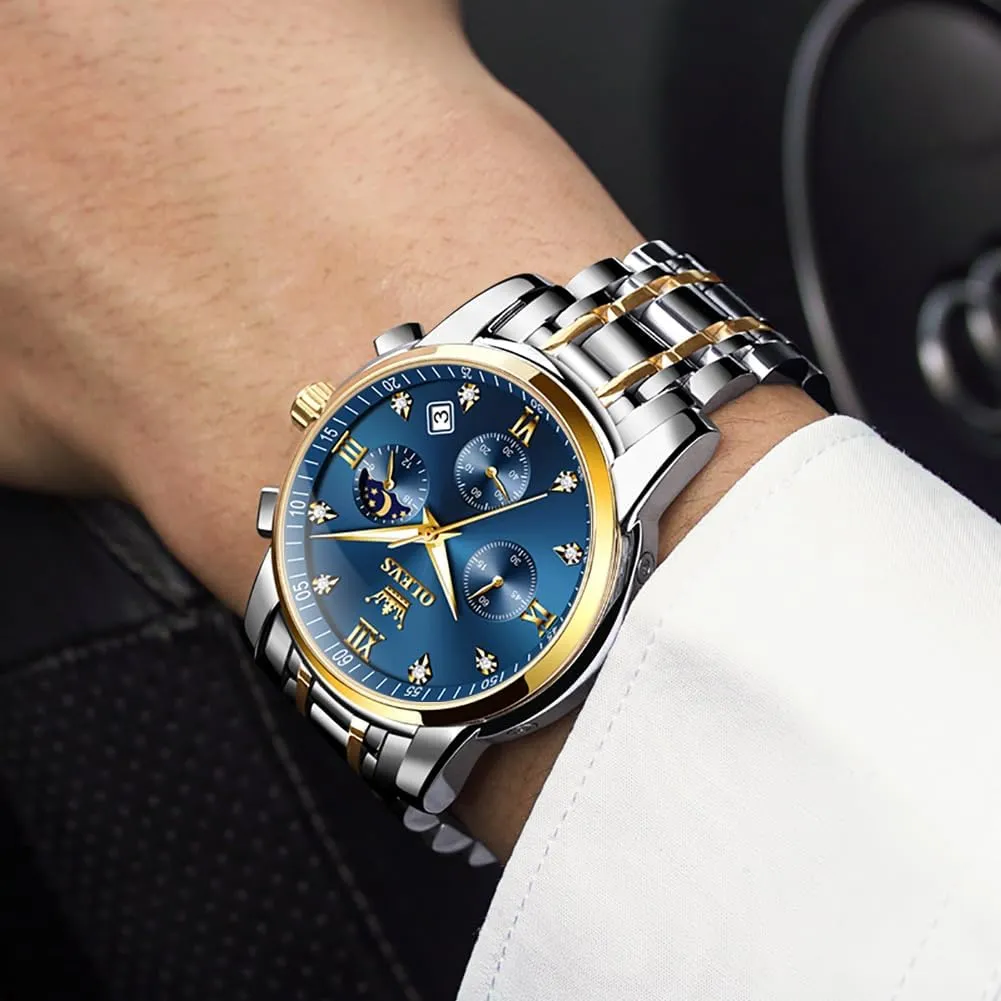 OLEVS Watch for Men Diamond Business Dress Analog Quartz Stainless Steel Waterproof Luminous Date Two Tone Luxury Casual Wrist Watch
