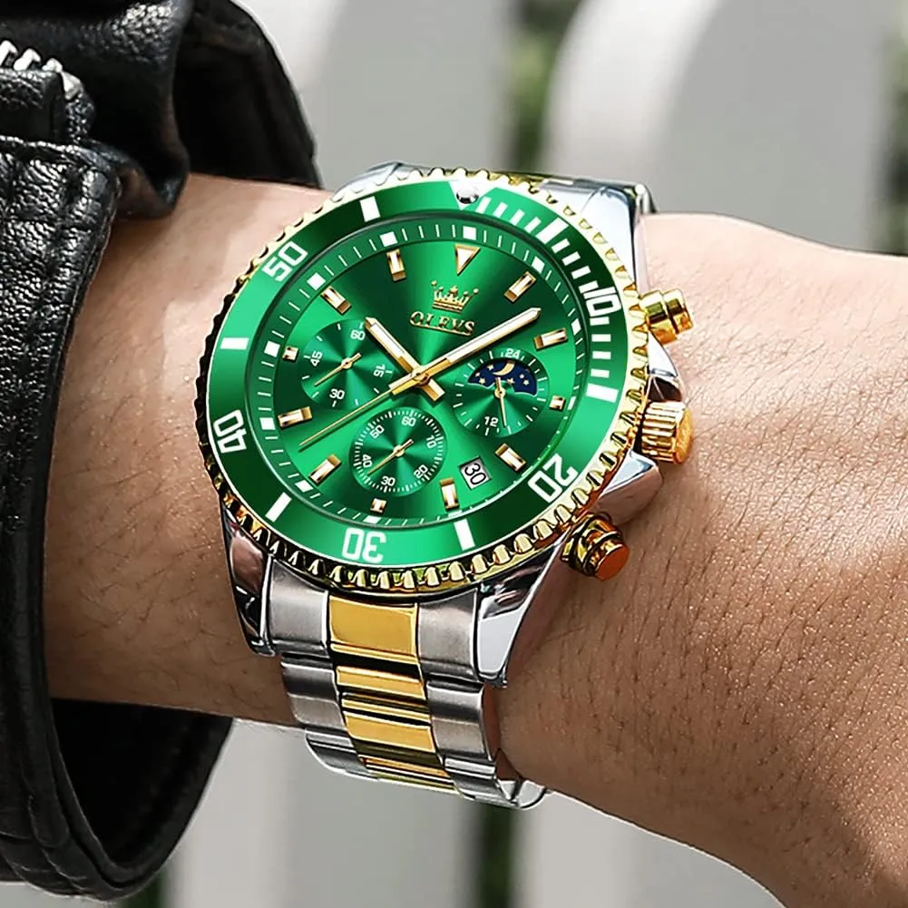 OLEVS Watches for Men Classic with Date Business Dress Luxury Big Face Green/Black/Blue Waterproof Luminous Mens Wrist Watch Analog Two Tone Stainless Steel Men Watch