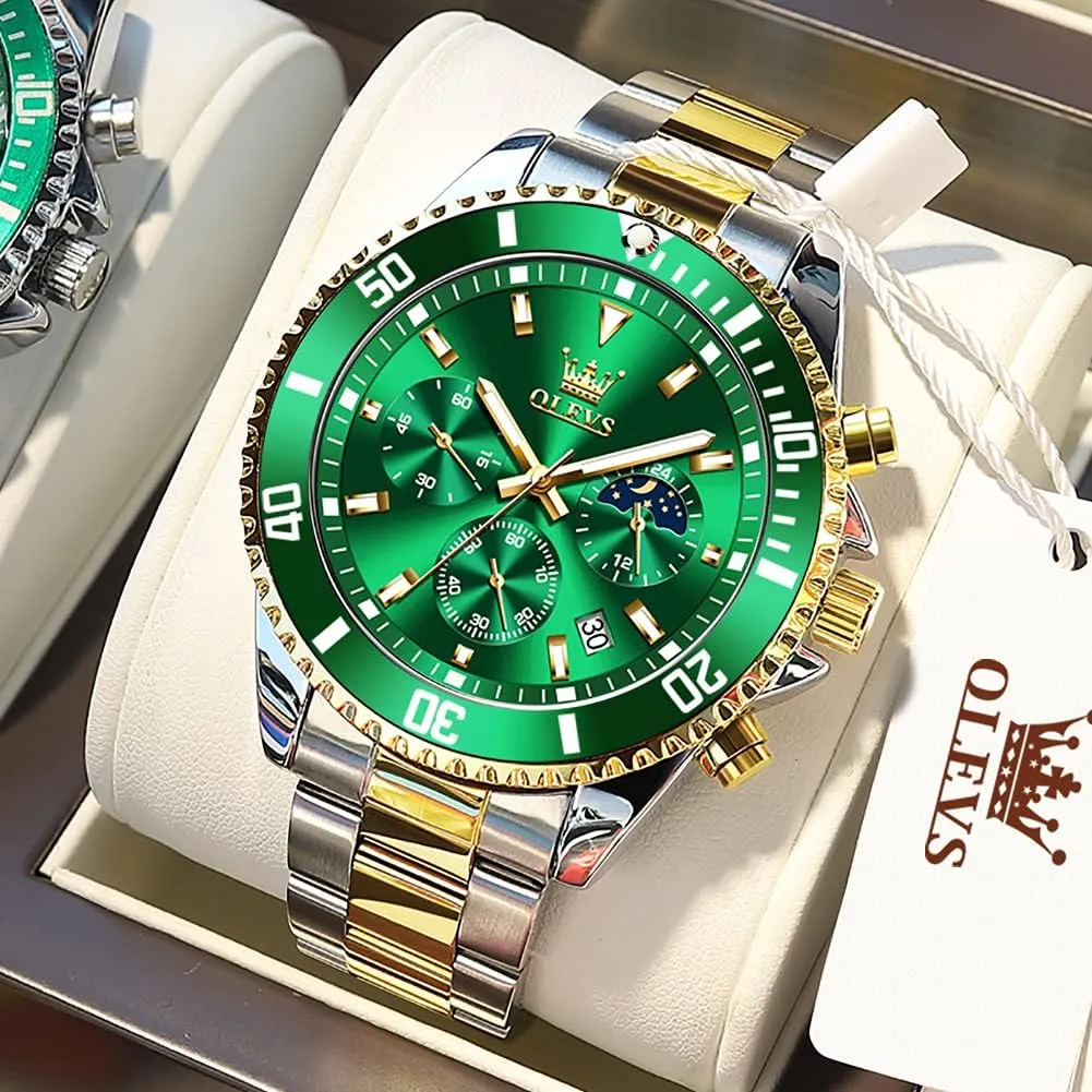 OLEVS Watches for Men Classic with Date Business Dress Luxury Big Face Green/Black/Blue Waterproof Luminous Mens Wrist Watch Analog Two Tone Stainless Steel Men Watch
