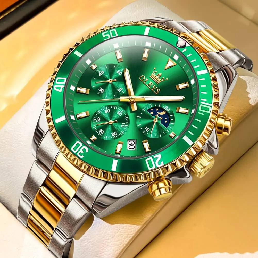 OLEVS Watches for Men Classic with Date Business Dress Luxury Big Face Green/Black/Blue Waterproof Luminous Mens Wrist Watch Analog Two Tone Stainless Steel Men Watch