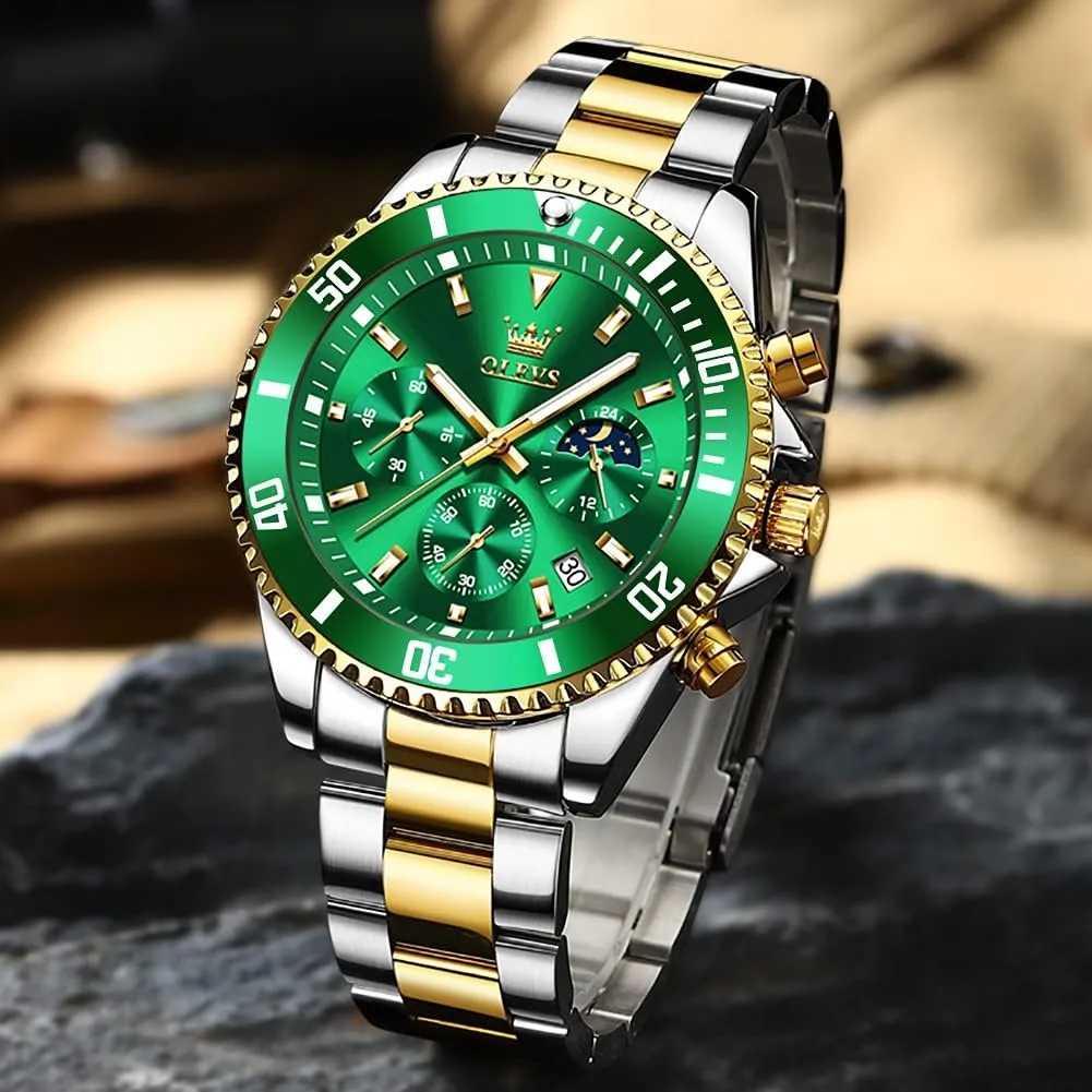 OLEVS Watches for Men Classic with Date Business Dress Luxury Big Face Green/Black/Blue Waterproof Luminous Mens Wrist Watch Analog Two Tone Stainless Steel Men Watch