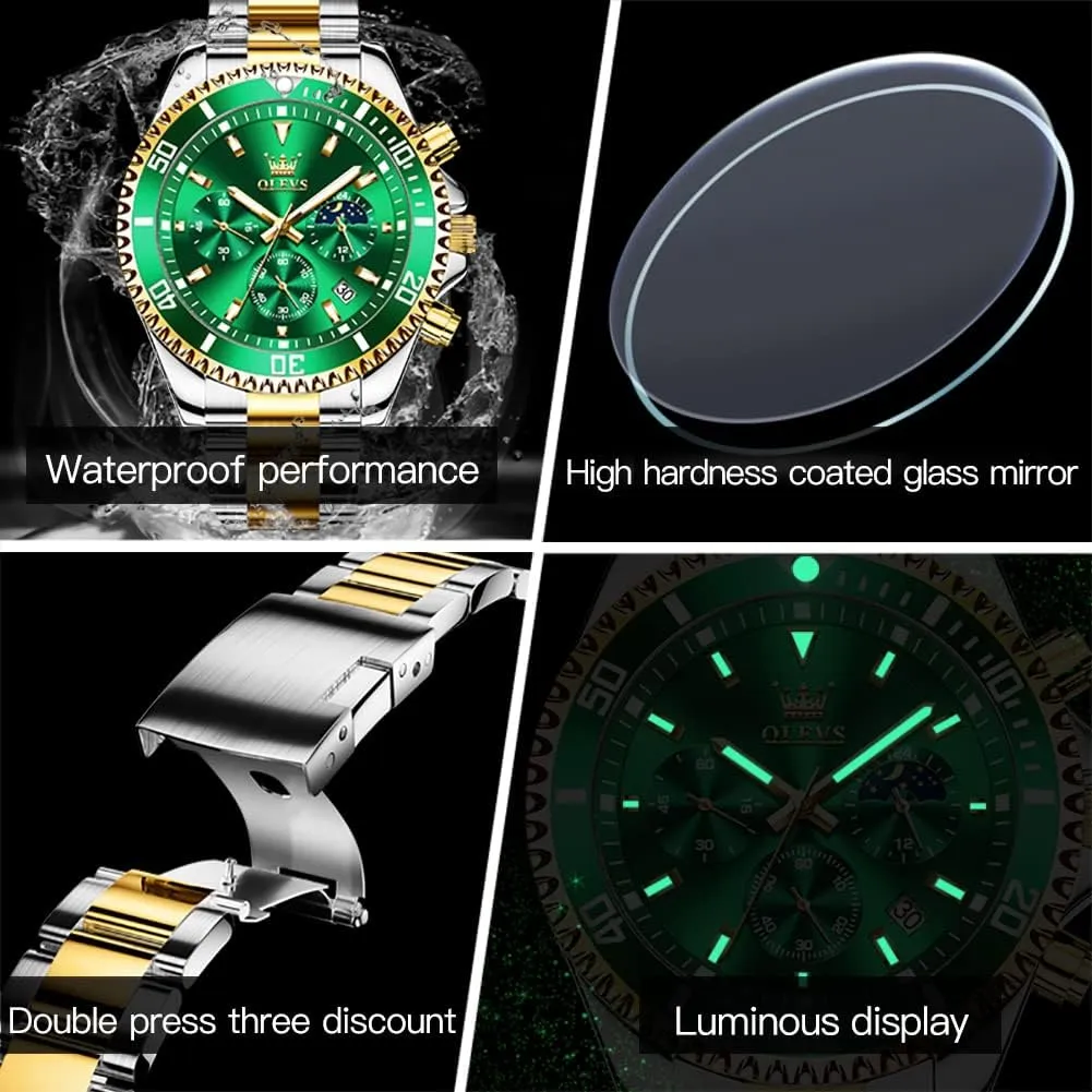 OLEVS Watches for Men Classic with Date Business Dress Luxury Big Face Green/Black/Blue Waterproof Luminous Mens Wrist Watch Analog Two Tone Stainless Steel Men Watch
