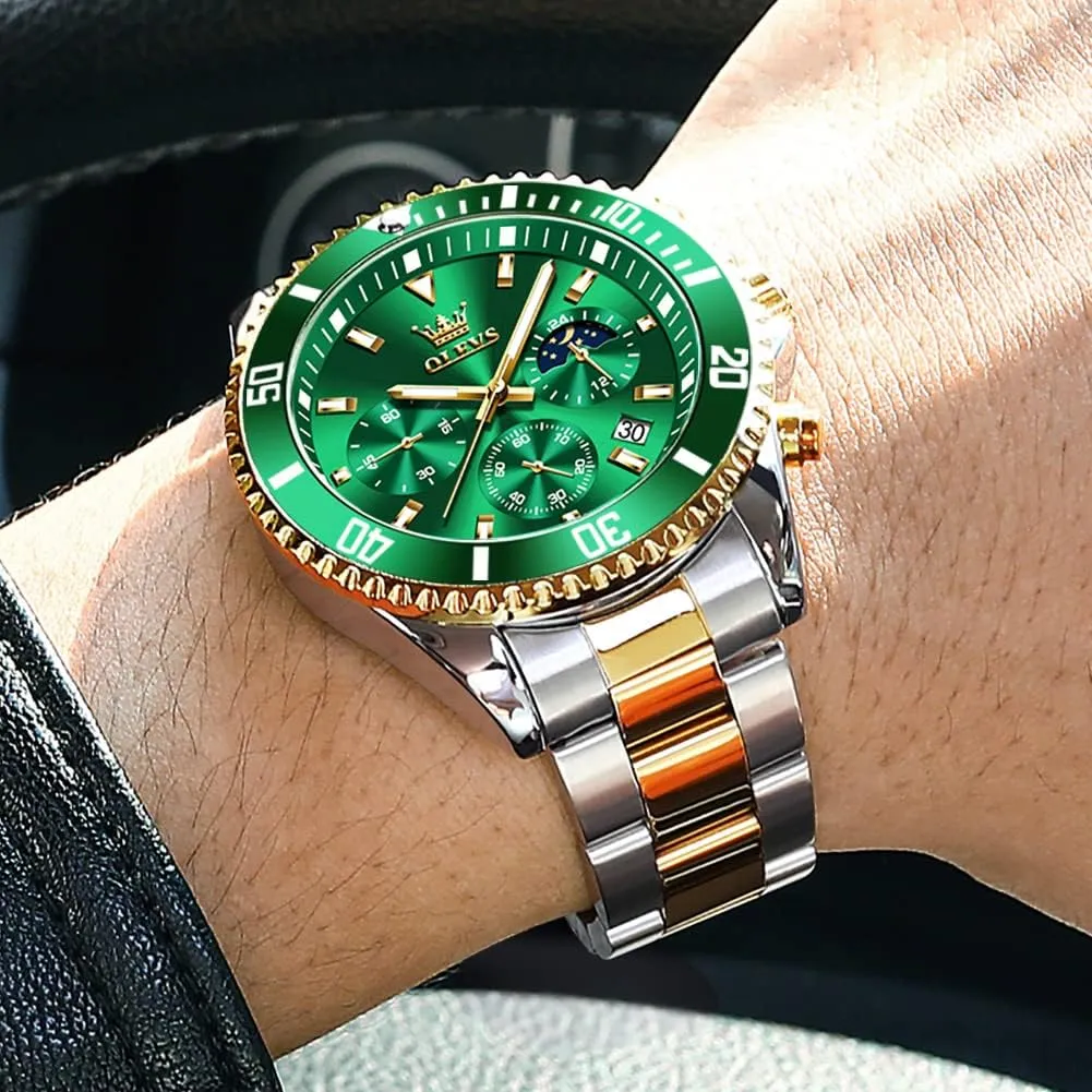 OLEVS Watches for Men Classic with Date Business Dress Luxury Big Face Green/Black/Blue Waterproof Luminous Mens Wrist Watch Analog Two Tone Stainless Steel Men Watch