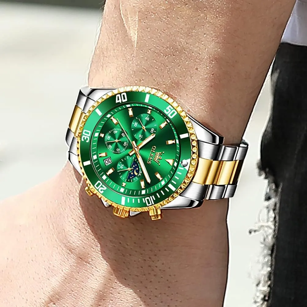 OLEVS Watches for Men Classic with Date Business Dress Luxury Big Face Green/Black/Blue Waterproof Luminous Mens Wrist Watch Analog Two Tone Stainless Steel Men Watch
