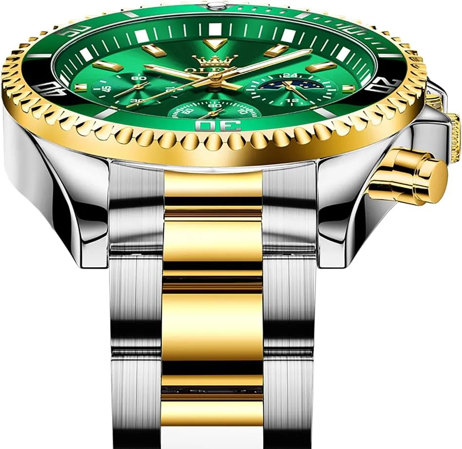 OLEVS Watches for Men Classic with Date Business Dress Luxury Big Face Green/Black/Blue Waterproof Luminous Mens Wrist Watch Analog Two Tone Stainless Steel Men Watch