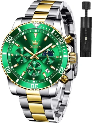OLEVS Watches for Men Classic with Date Business Dress Luxury Big Face Green/Black/Blue Waterproof Luminous Mens Wrist Watch Analog Two Tone Stainless Steel Men Watch