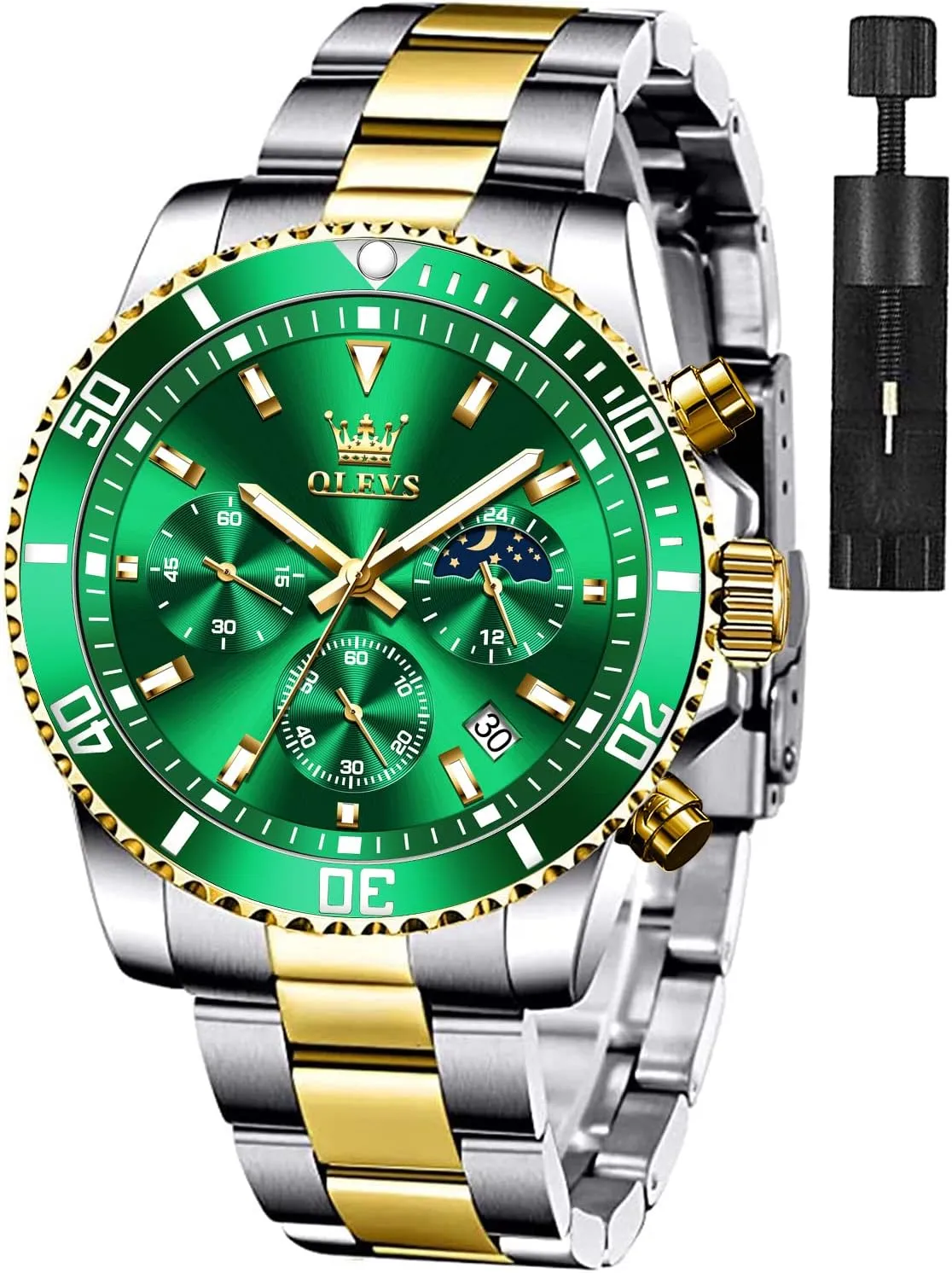 OLEVS Watches for Men Classic with Date Business Dress Luxury Big Face Green/Black/Blue Waterproof Luminous Mens Wrist Watch Analog Two Tone Stainless Steel Men Watch