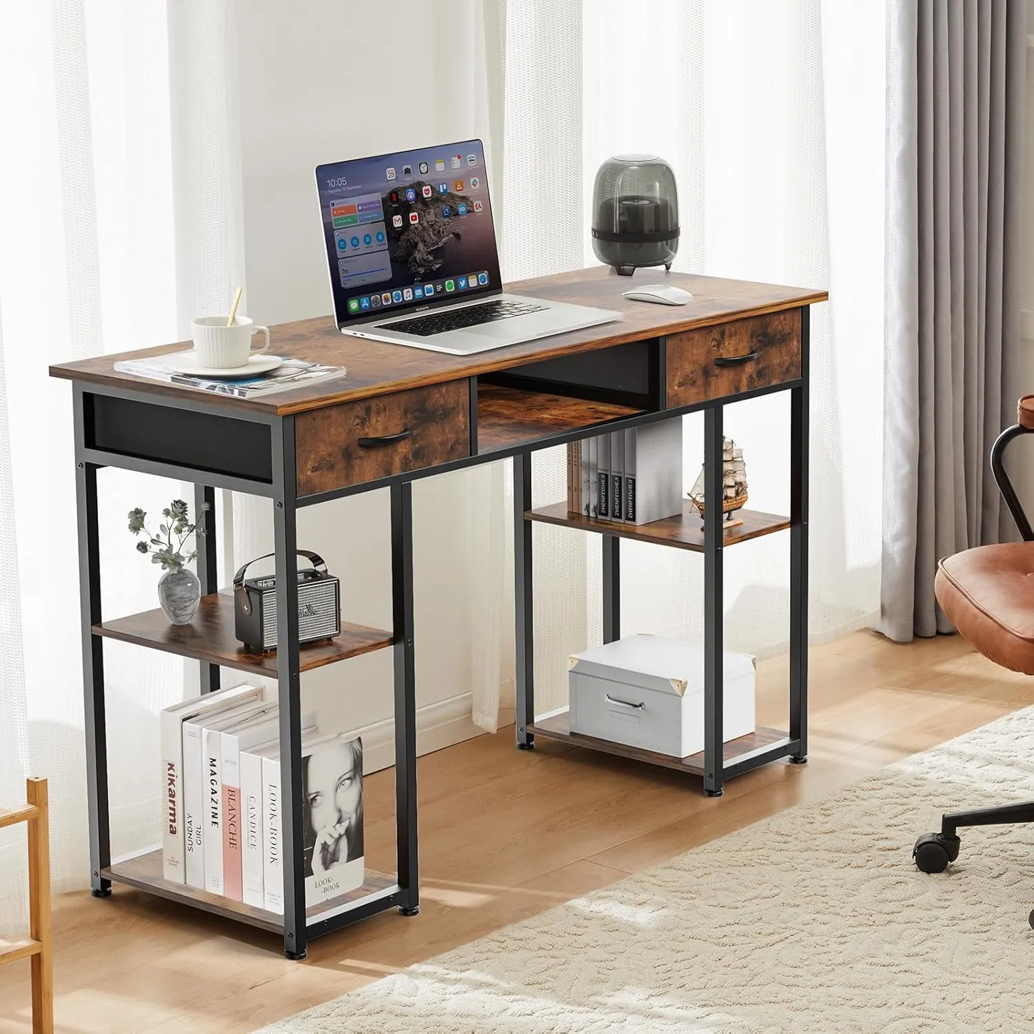 OLIXIS Computer Desk with 3 Drawers Study Writing Table with Storage Bag Headphone Hook Adjustable Feet for Home Office Small Spaces