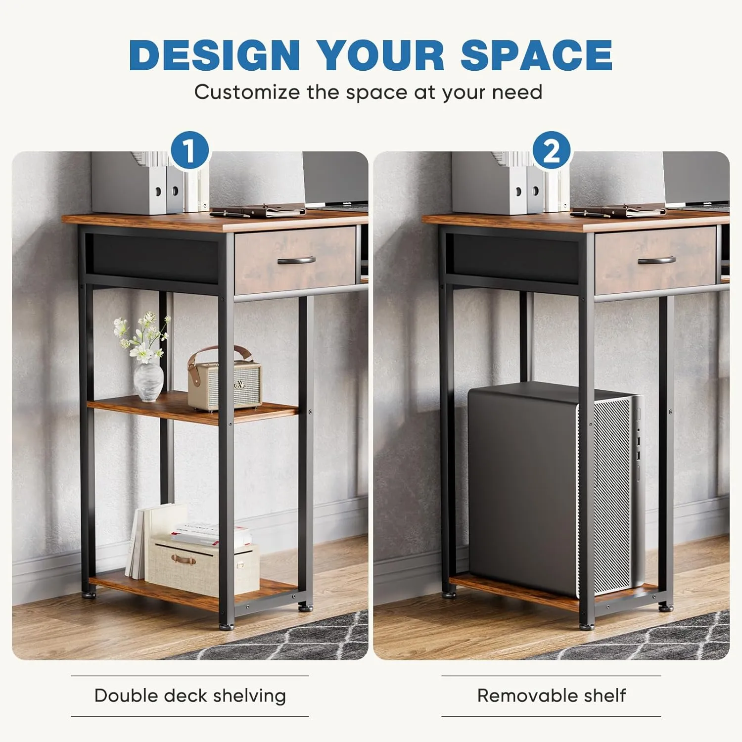 OLIXIS Computer Desk with 3 Drawers Study Writing Table with Storage Bag Headphone Hook Adjustable Feet for Home Office Small Spaces