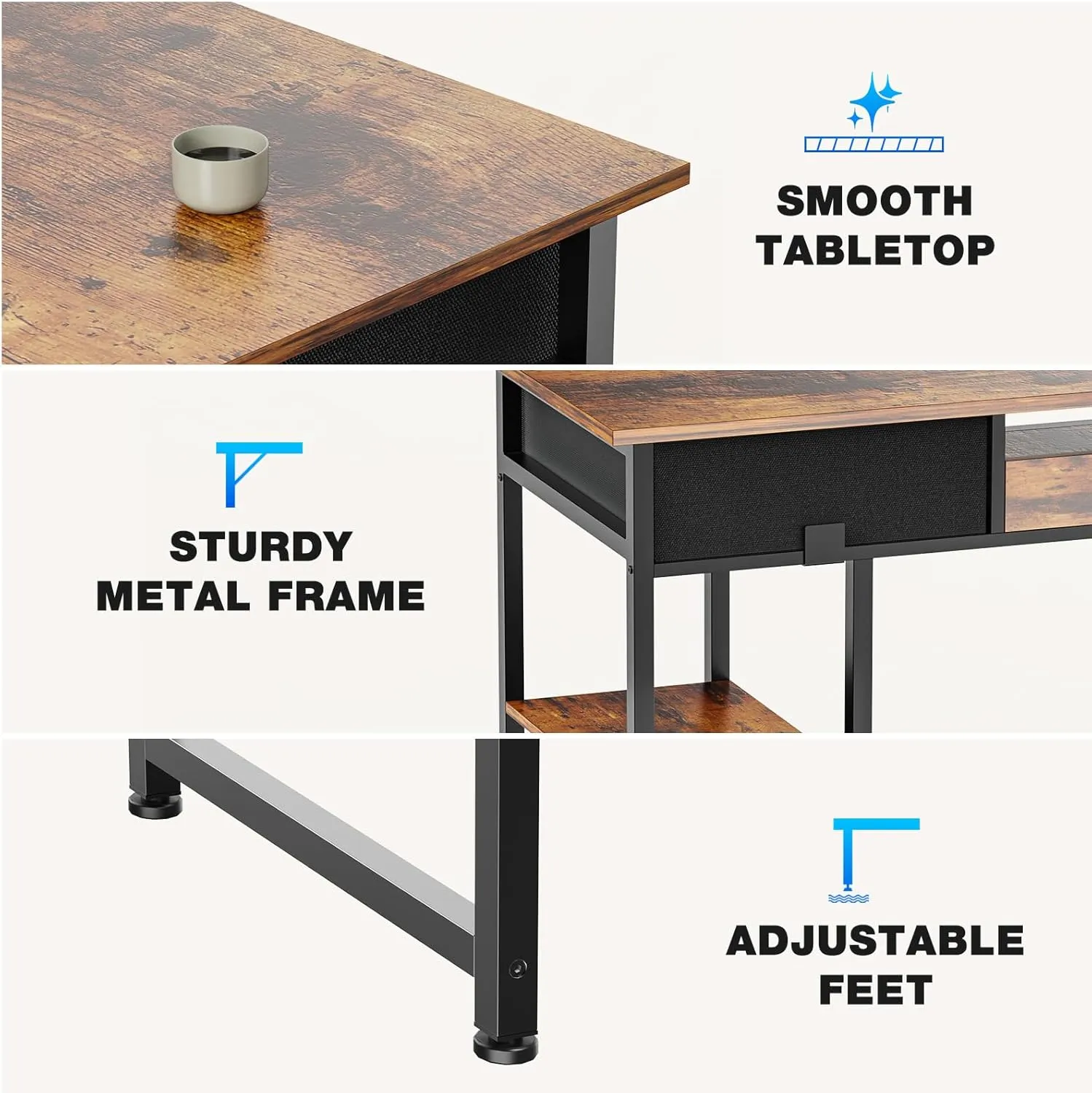 OLIXIS Computer Desk with 3 Drawers Study Writing Table with Storage Bag Headphone Hook Adjustable Feet for Home Office Small Spaces