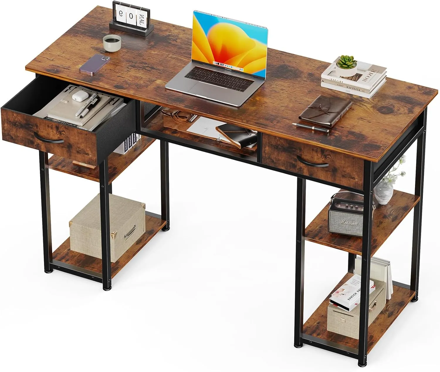 OLIXIS Computer Desk with 3 Drawers Study Writing Table with Storage Bag Headphone Hook Adjustable Feet for Home Office Small Spaces