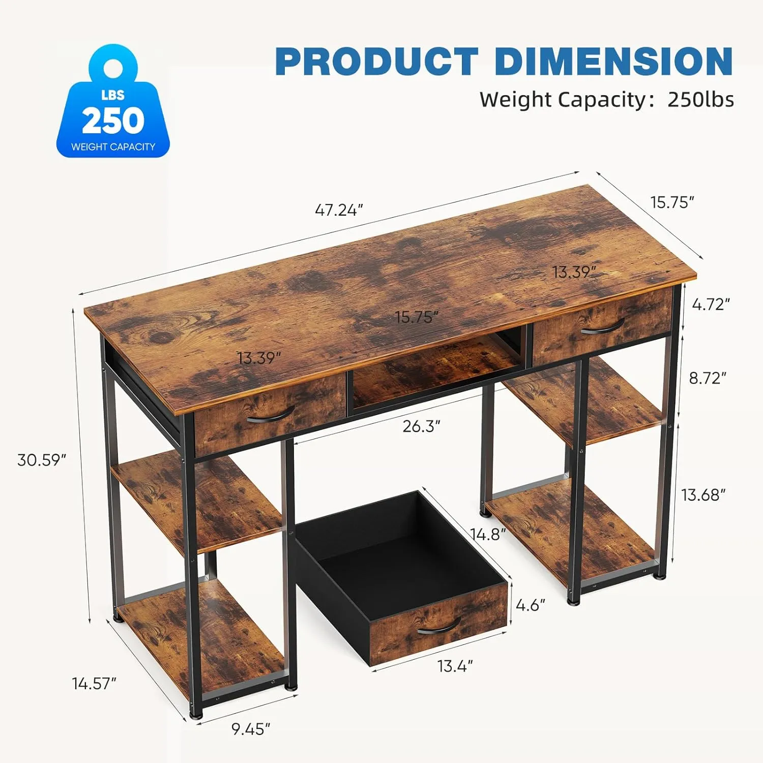 OLIXIS Computer Desk with 3 Drawers Study Writing Table with Storage Bag Headphone Hook Adjustable Feet for Home Office Small Spaces