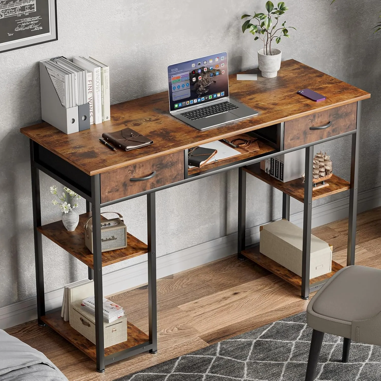 OLIXIS Computer Desk with 3 Drawers Study Writing Table with Storage Bag Headphone Hook Adjustable Feet for Home Office Small Spaces