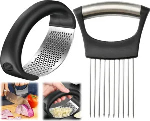 Onion Slice Holder, 2024 New Stainless Steel Holder for Slicing, Chopper Assistant Tool, Cutter for Meat, Onion, Potato, Tomato Kitchen Gadgets (Onion Garlic Set, 2 Pack)
