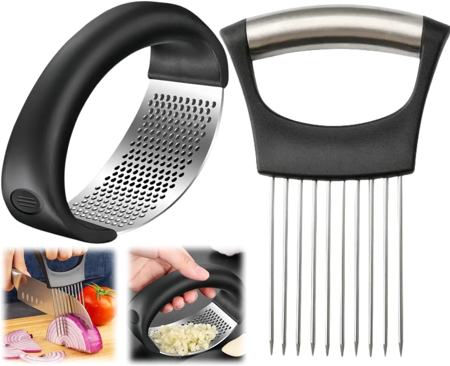 Onion Slice Holder, 2024 New Stainless Steel Holder for Slicing, Chopper Assistant Tool, Cutter for Meat, Onion, Potato, Tomato Kitchen Gadgets (Onion Garlic Set, 2 Pack)