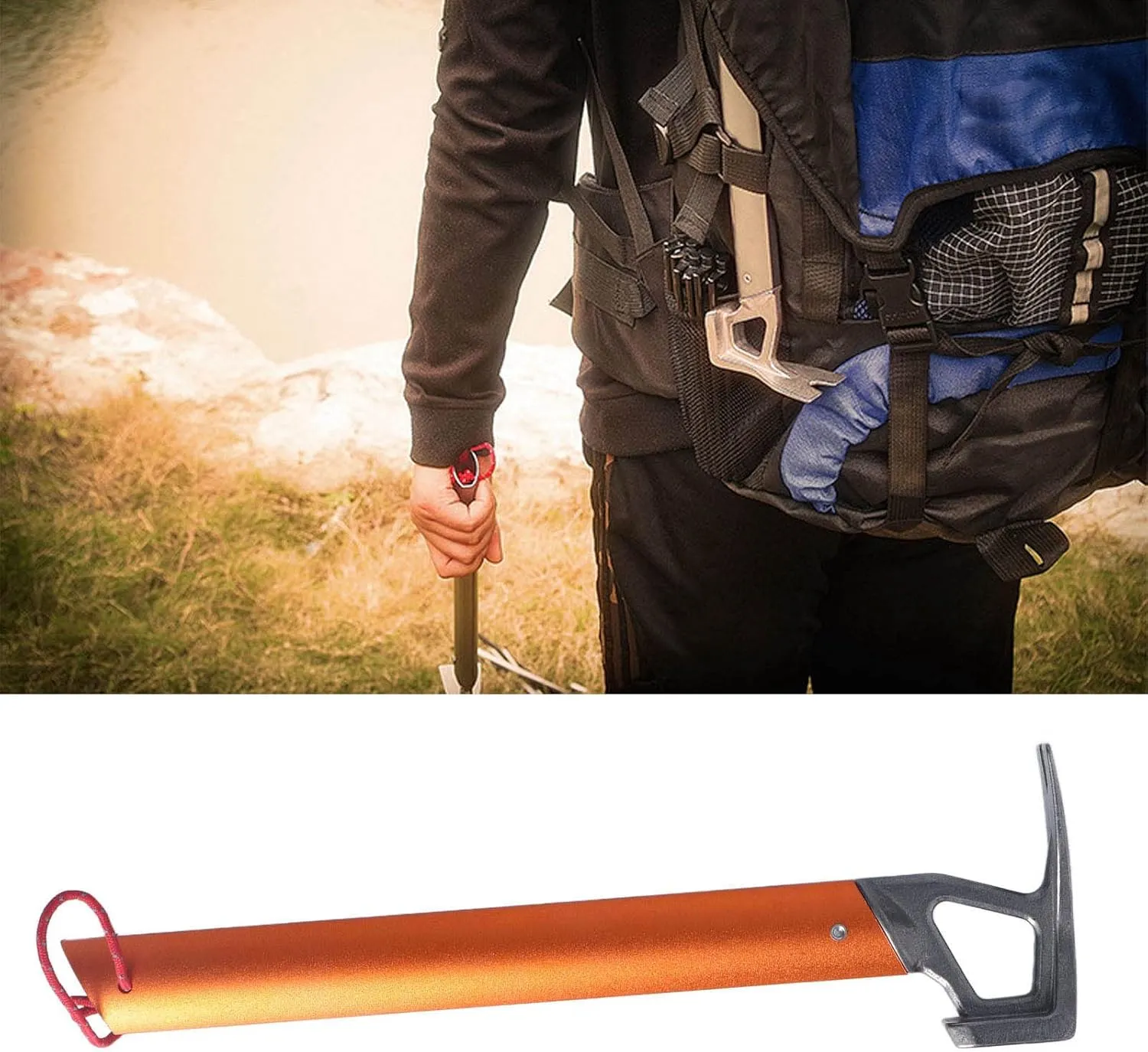 Orange Aluminum Tent Hammer - 12" Portable, Multi-Functional with Tent Stake Remover, Lightweight for Backpacking, Hiking