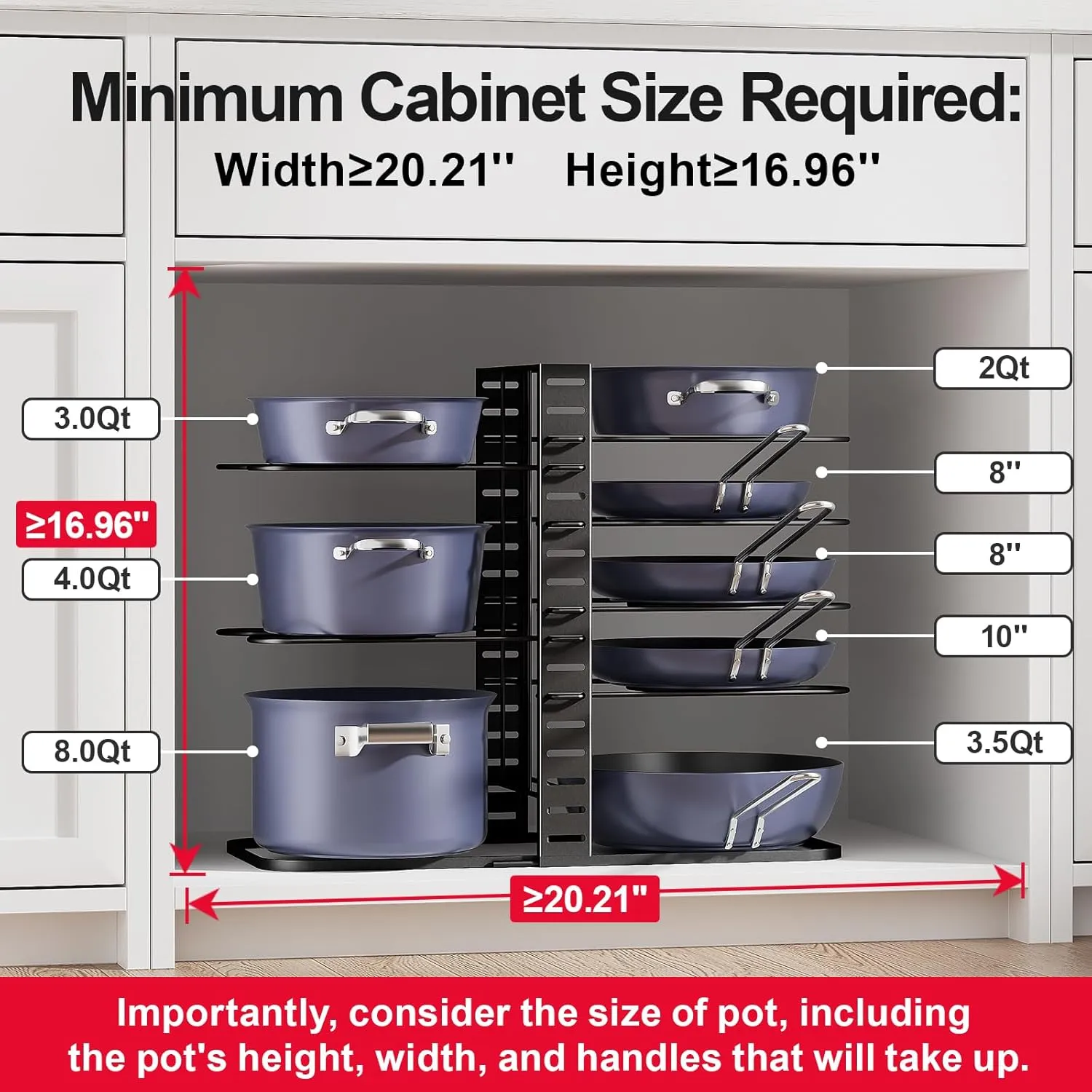 ORDORA Pots and Pans Organizer: Under Cabinet, Adjustable 8-Tier Pot Organizers inside Cabinet, Kitchen Organizers and Storage Fit 6-11 inch Lightweight Cookware