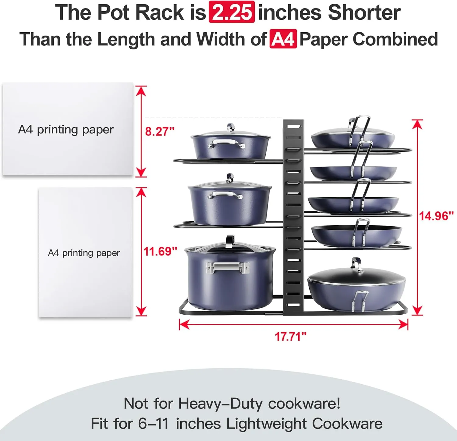 ORDORA Pots and Pans Organizer: Under Cabinet, Adjustable 8-Tier Pot Organizers inside Cabinet, Kitchen Organizers and Storage Fit 6-11 inch Lightweight Cookware