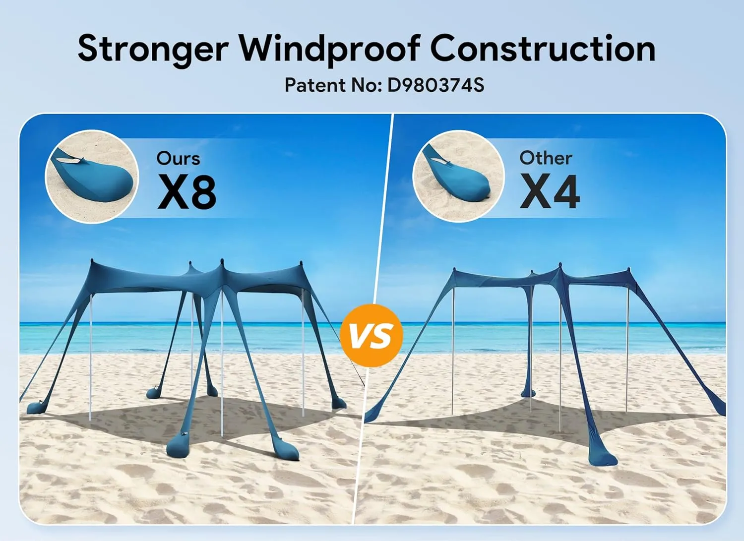 Osoeri Beach Tent, Camping Sun Shelter UPF50  with 8 Sandbags, Sand Shovels, Ground Pegs & Stability Poles, Outdoor Shade Beach Canopy for Camping Trips, Fishing, Backyard Fun or Picnics