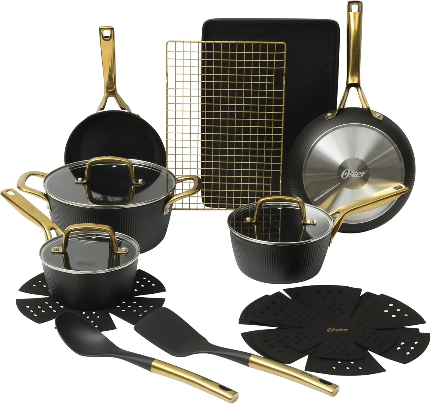 Oster Platinum Abbottsford 16 Piece Aluminum Pots and Pans PFA Free Ceramic Non stick Induction Kitchen Cookware Set - Black W/Gold