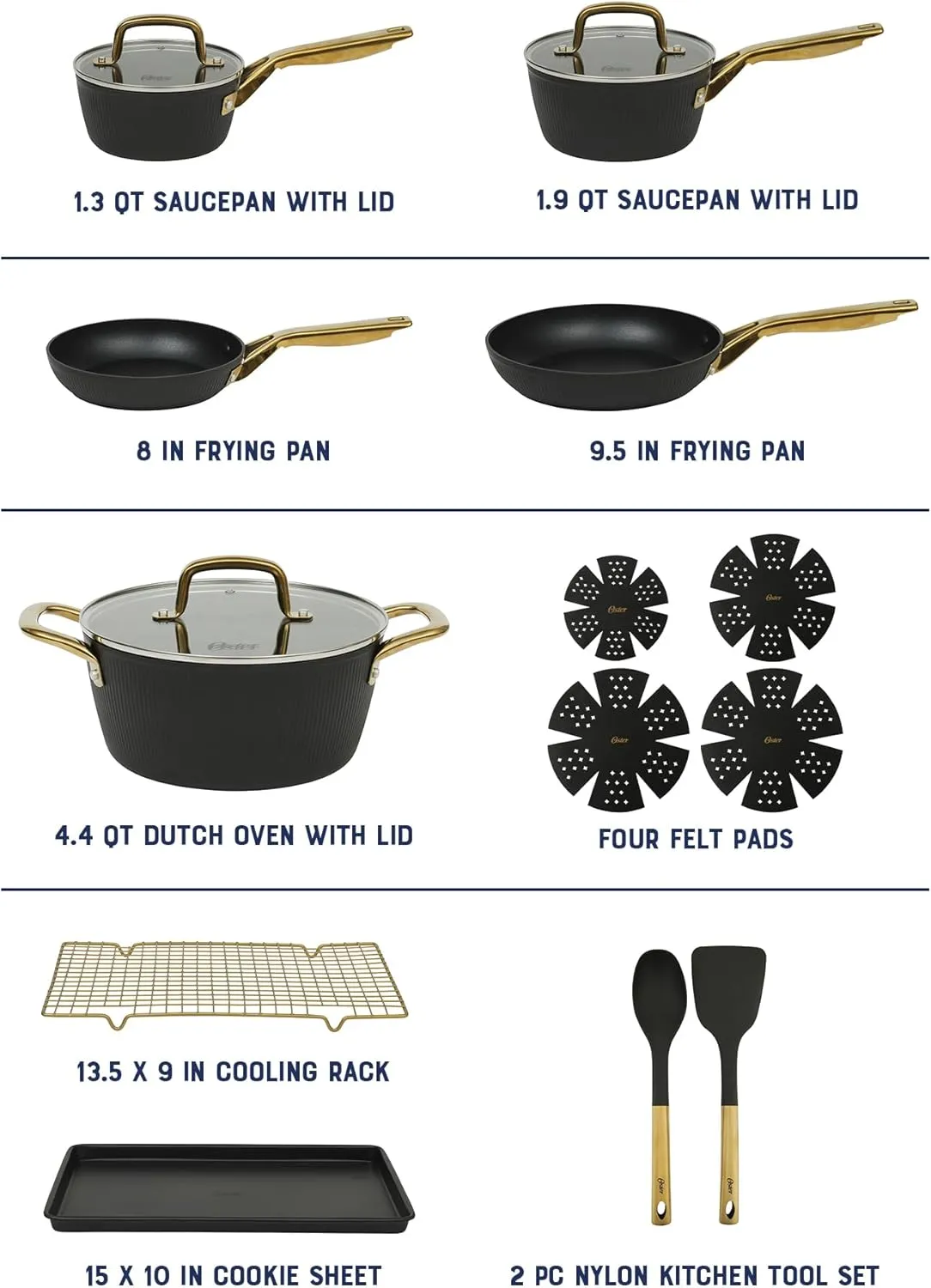 Oster Platinum Abbottsford 16 Piece Aluminum Pots and Pans PFA Free Ceramic Non stick Induction Kitchen Cookware Set - Black W/Gold