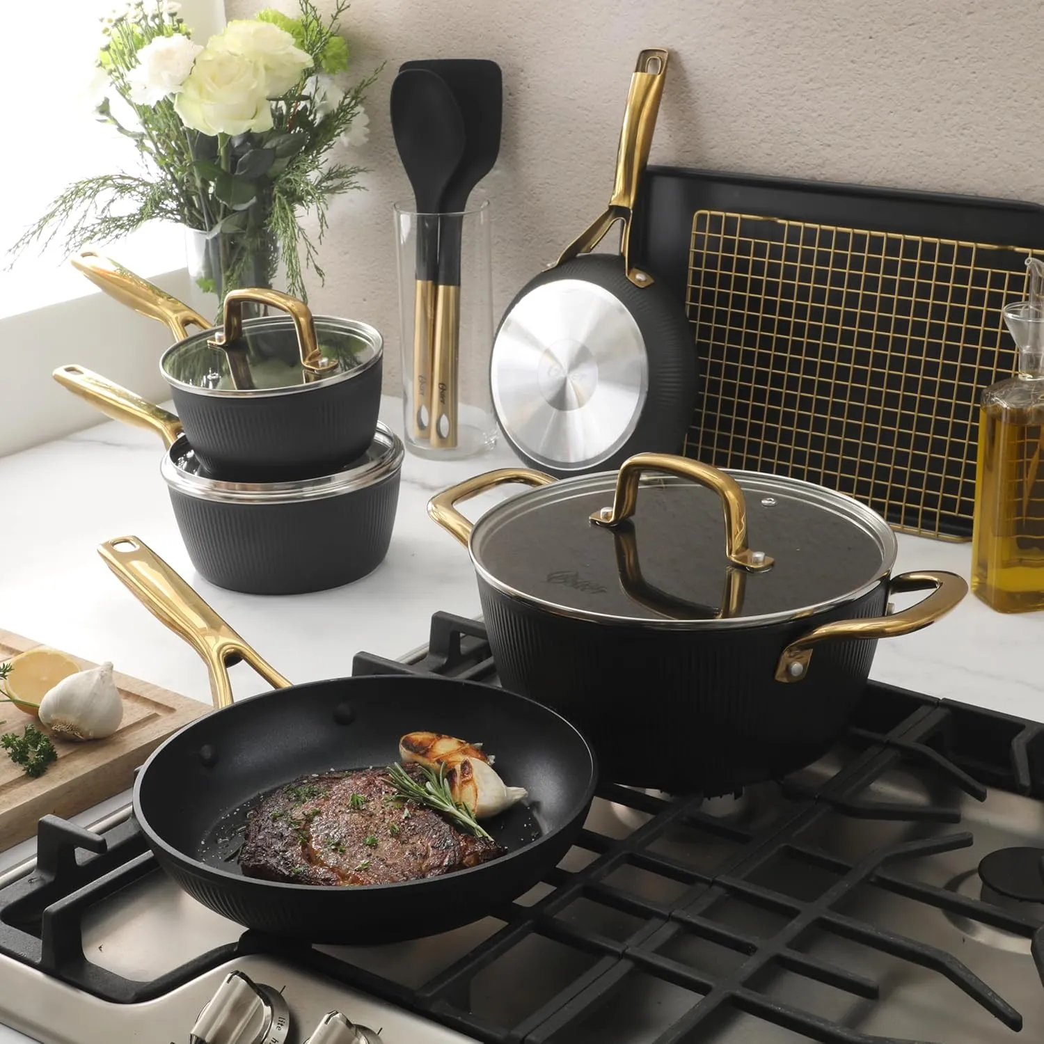 Oster Platinum Abbottsford 16 Piece Aluminum Pots and Pans PFA Free Ceramic Non stick Induction Kitchen Cookware Set - Black W/Gold