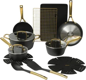 Oster Platinum Abbottsford 16 Piece Aluminum Pots and Pans PFA Free Ceramic Non stick Induction Kitchen Cookware Set - Black W/Gold