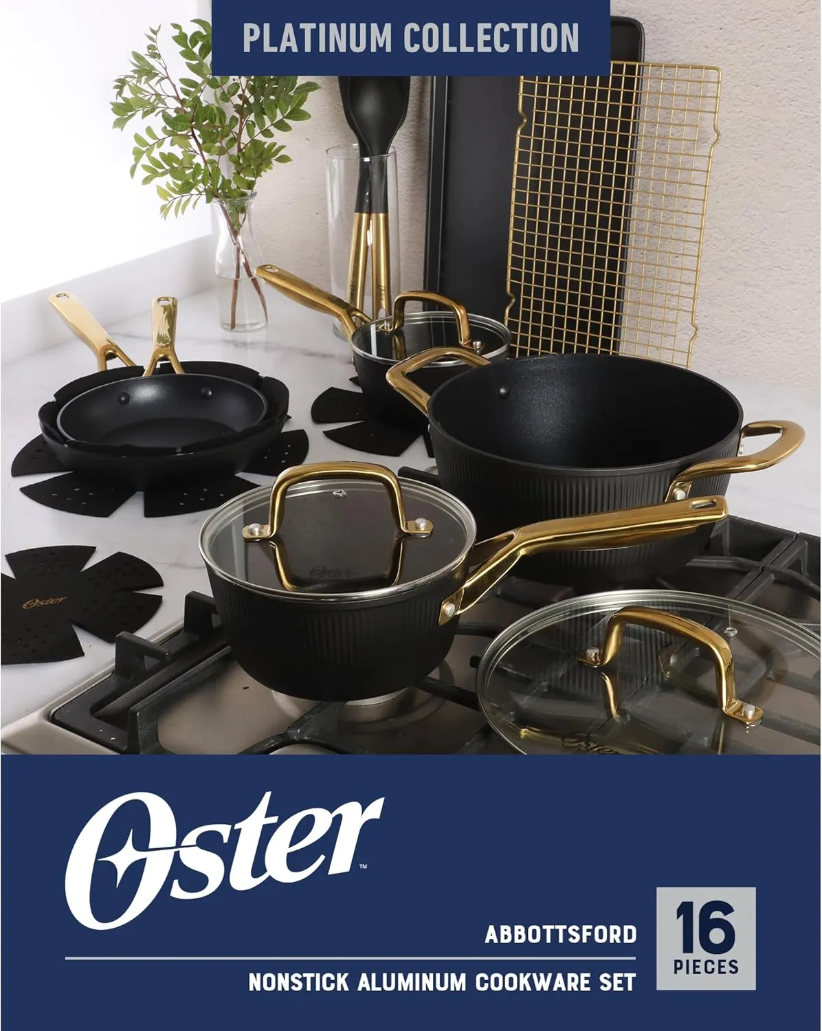 Oster Platinum Abbottsford 16 Piece Aluminum Pots and Pans PFA Free Ceramic Non stick Induction Kitchen Cookware Set - Black W/Gold