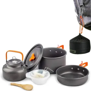 Outdoor Aluminum Camping Frying Pan Mess Kit,Folding Cookset Camping Teapot and Pan,Non-Stick Lightweight Pots, Pans with Mesh Storage Bag