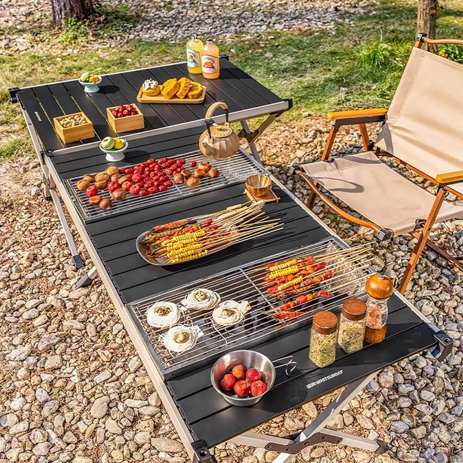 Outdoor BBQ Folding Camping Table Portable Outdoor Grill Table Camping Kitchen Station Lightweight & Portable with Storage Carrying Bag for BBQ Grilling RV Picnic Backyards(Beige,92cm/36in)