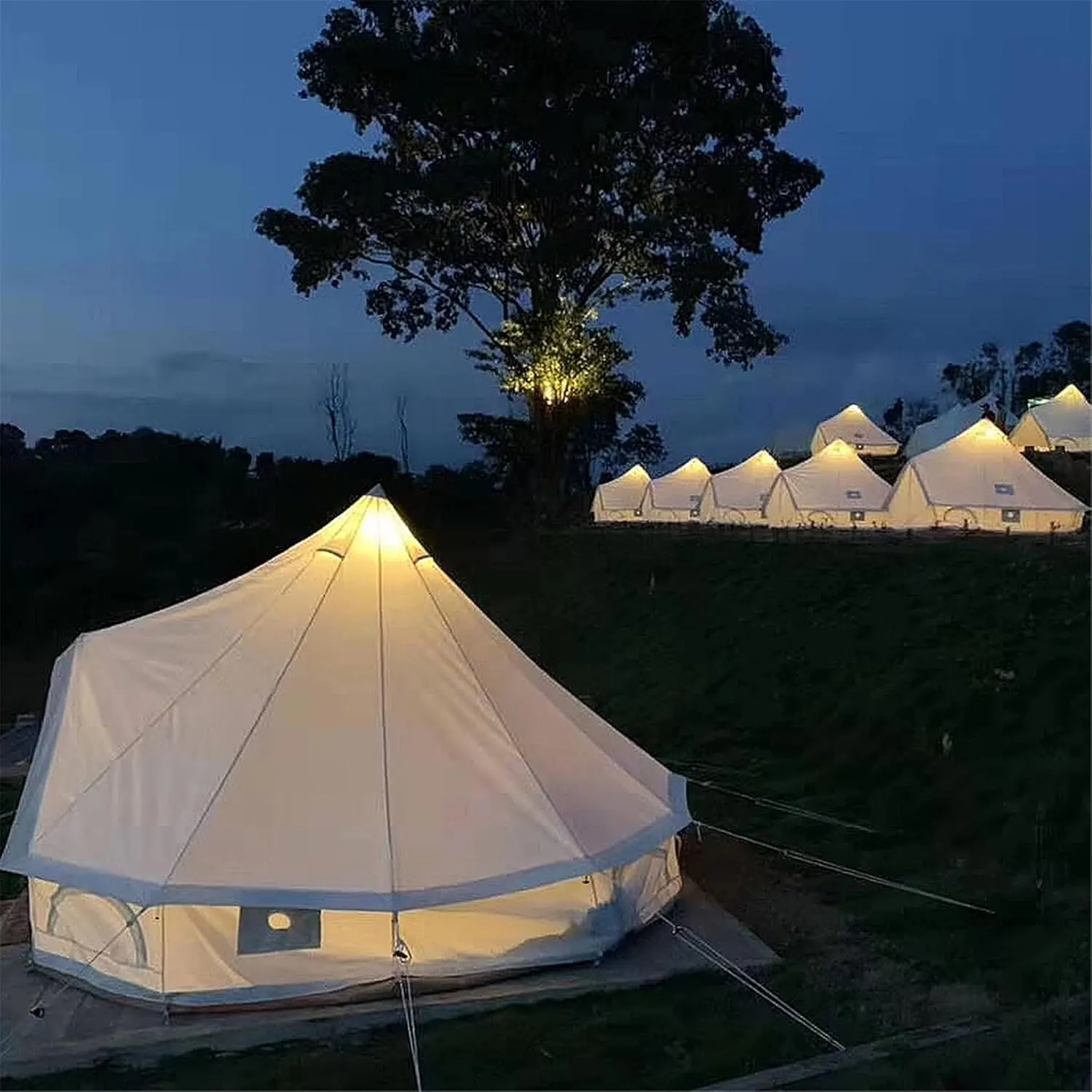 Outdoor Bell Tents Large Canvas Glamping Yurt Tent with Zipped Groundsheet and Chimney for Family Camping Hiking Hunting Party Shelter, 3/4/5/6m