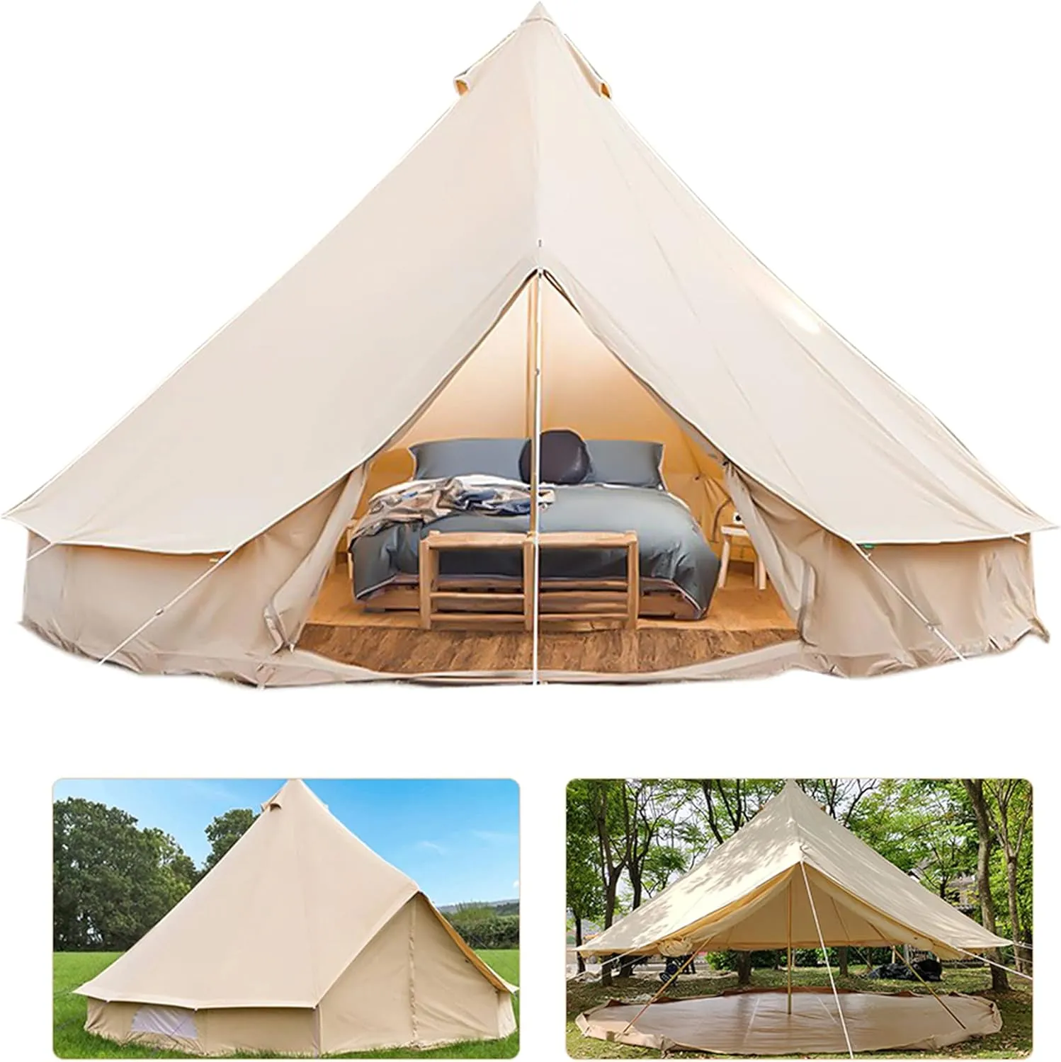 Outdoor Bell Tents Large Canvas Glamping Yurt Tent with Zipped Groundsheet and Chimney for Family Camping Hiking Hunting Party Shelter, 3/4/5/6m