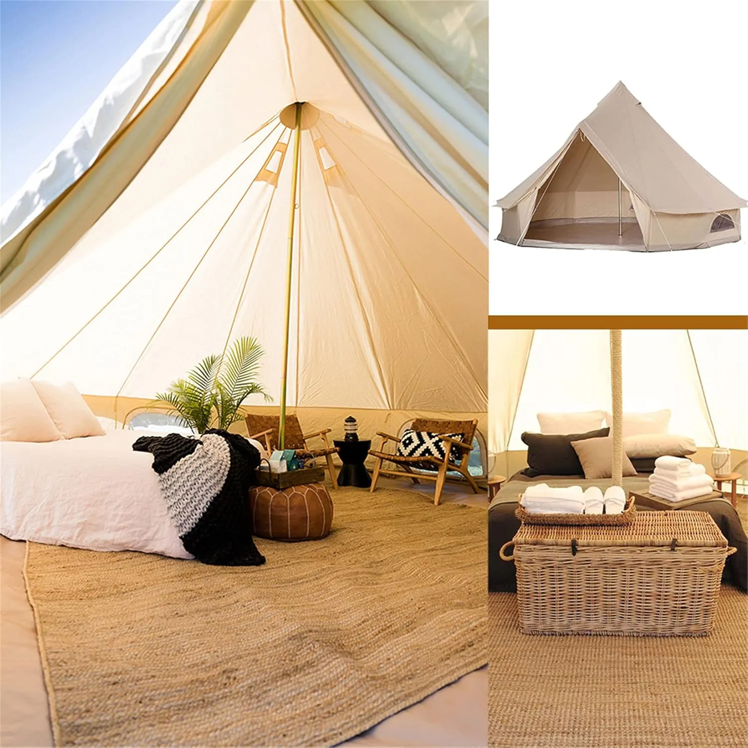 Outdoor Bell Tents Large Canvas Glamping Yurt Tent with Zipped Groundsheet and Chimney for Family Camping Hiking Hunting Party Shelter, 3/4/5/6m