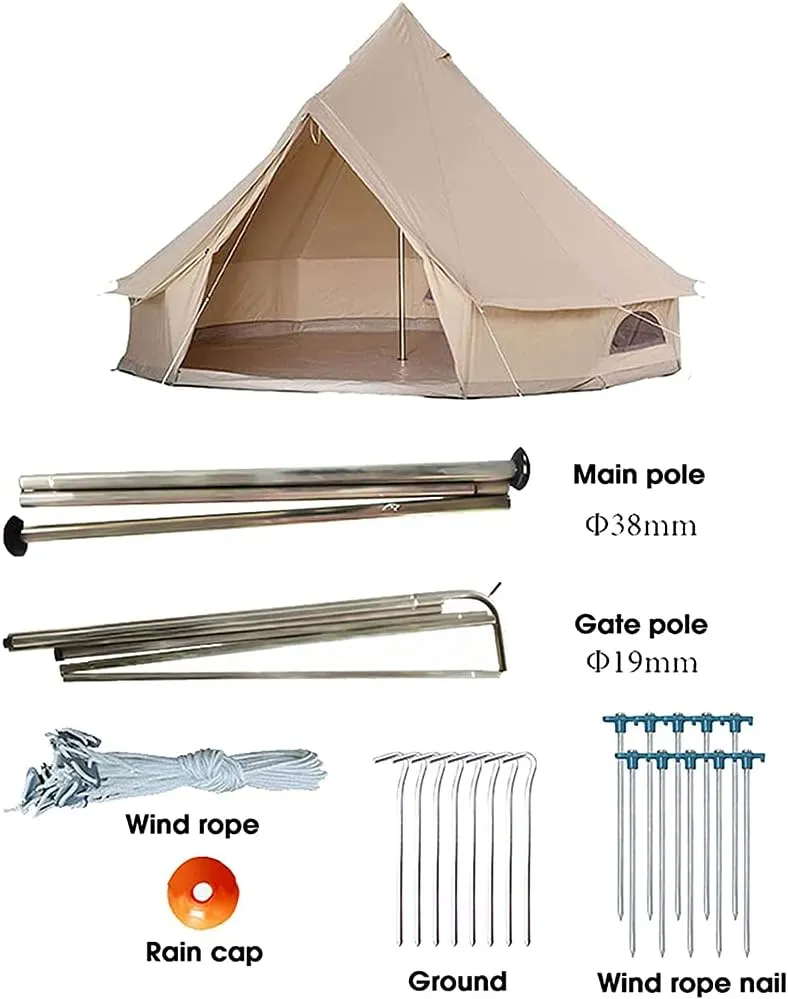 Outdoor Bell Tents Large Canvas Glamping Yurt Tent with Zipped Groundsheet and Chimney for Family Camping Hiking Hunting Party Shelter, 3/4/5/6m