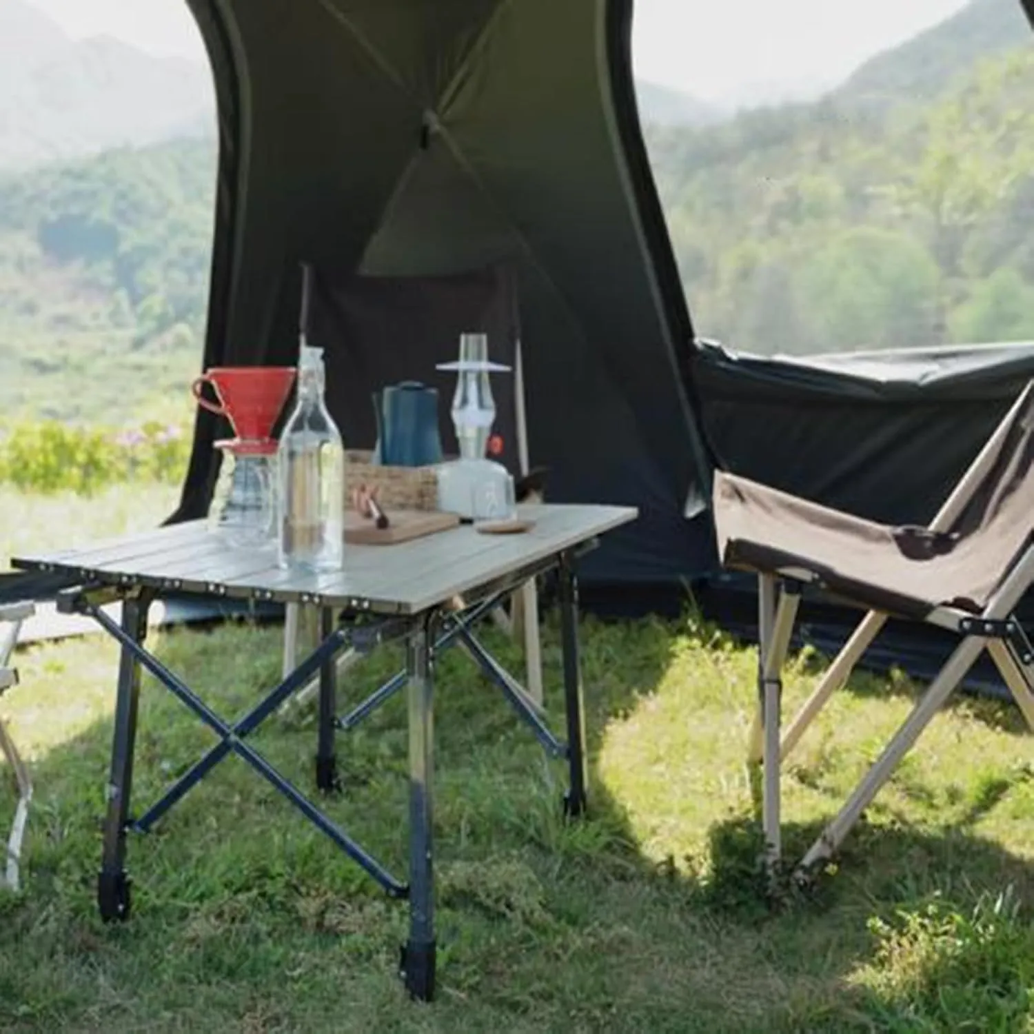 Outdoor Camping Table Picnic Folding Table Aluminum Alloy Camp Table Roll Up Table Top with Carry Bag for Camping Hiking