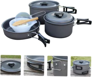 Outdoor Cooking Set 2-3 Person Folding Pot Aluminum Alloy Non-Stick Cooking Kit Frying Pan Soup Spoon Rice Spoon for Camping Hiking