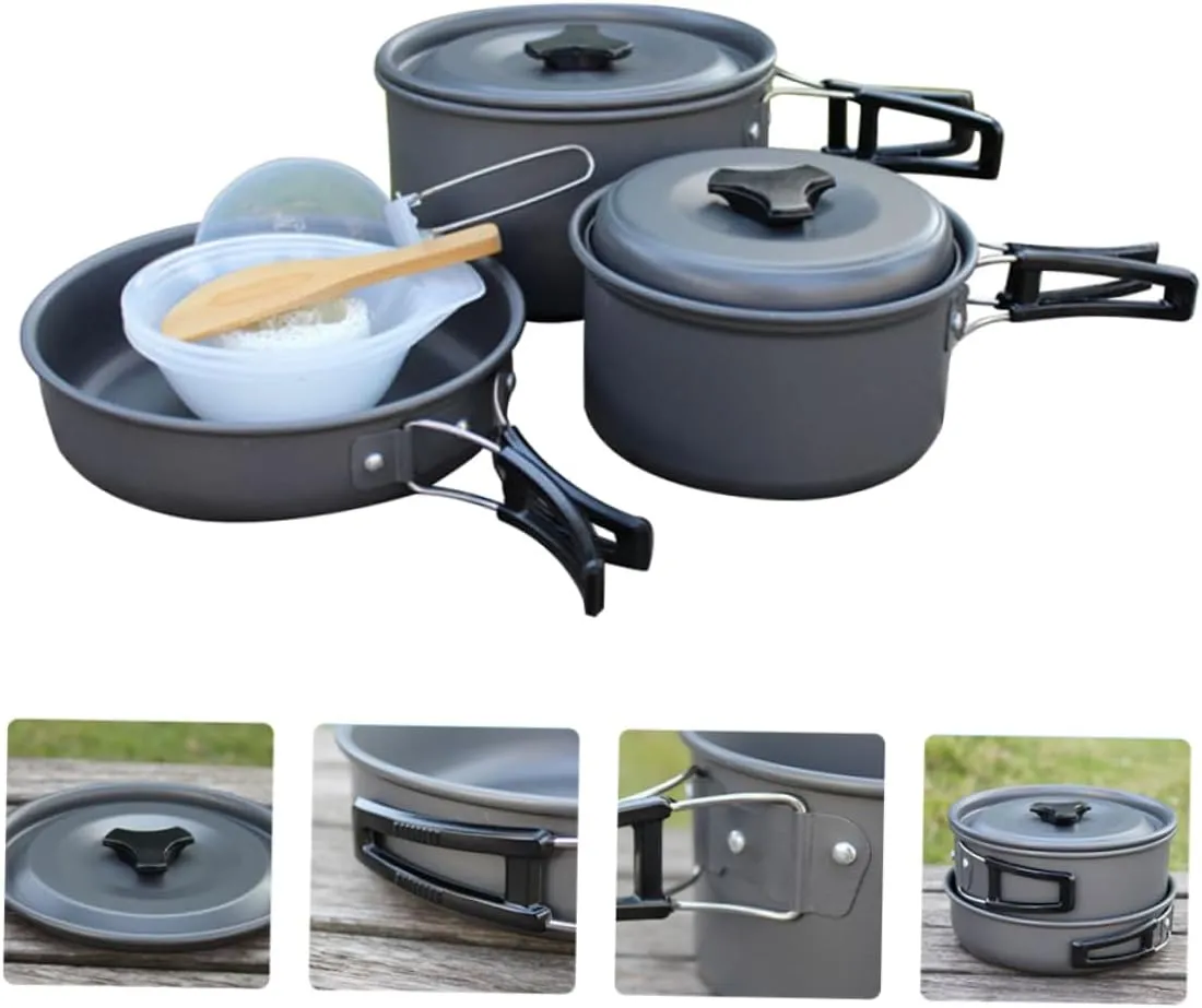 Outdoor Cooking Set 2-3 Person Folding Pot Aluminum Alloy Non-Stick Cooking Kit Frying Pan Soup Spoon Rice Spoon for Camping Hiking