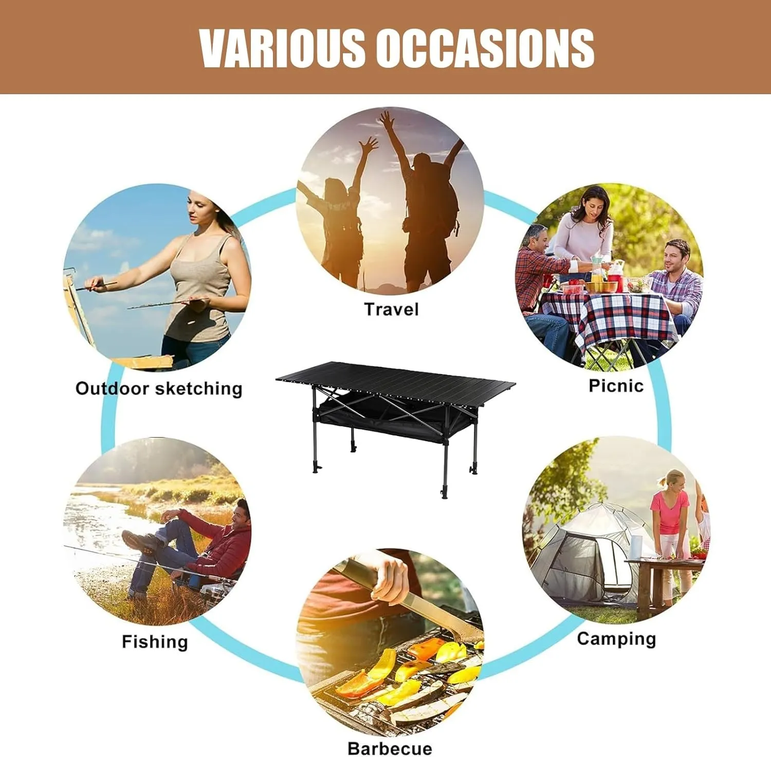 Outdoor Folding Camping Table, Ultralight Aluminum Alloy Roll Up Picnic Table with Storage Bag, Foldable Portable Table Height Adjustable for Beach, Fishing, BBQ, Hiking