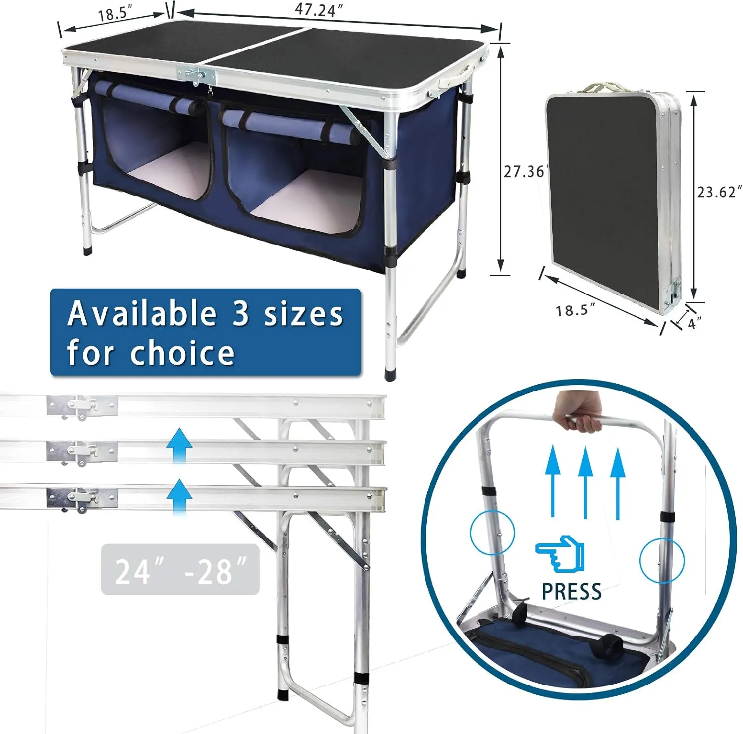 Outdoor Folding Table, Camping Folding Tables with 3 Adjustable Height Legs and Storage Organizer for BBQ, Party, Picnic, Camping (Black)