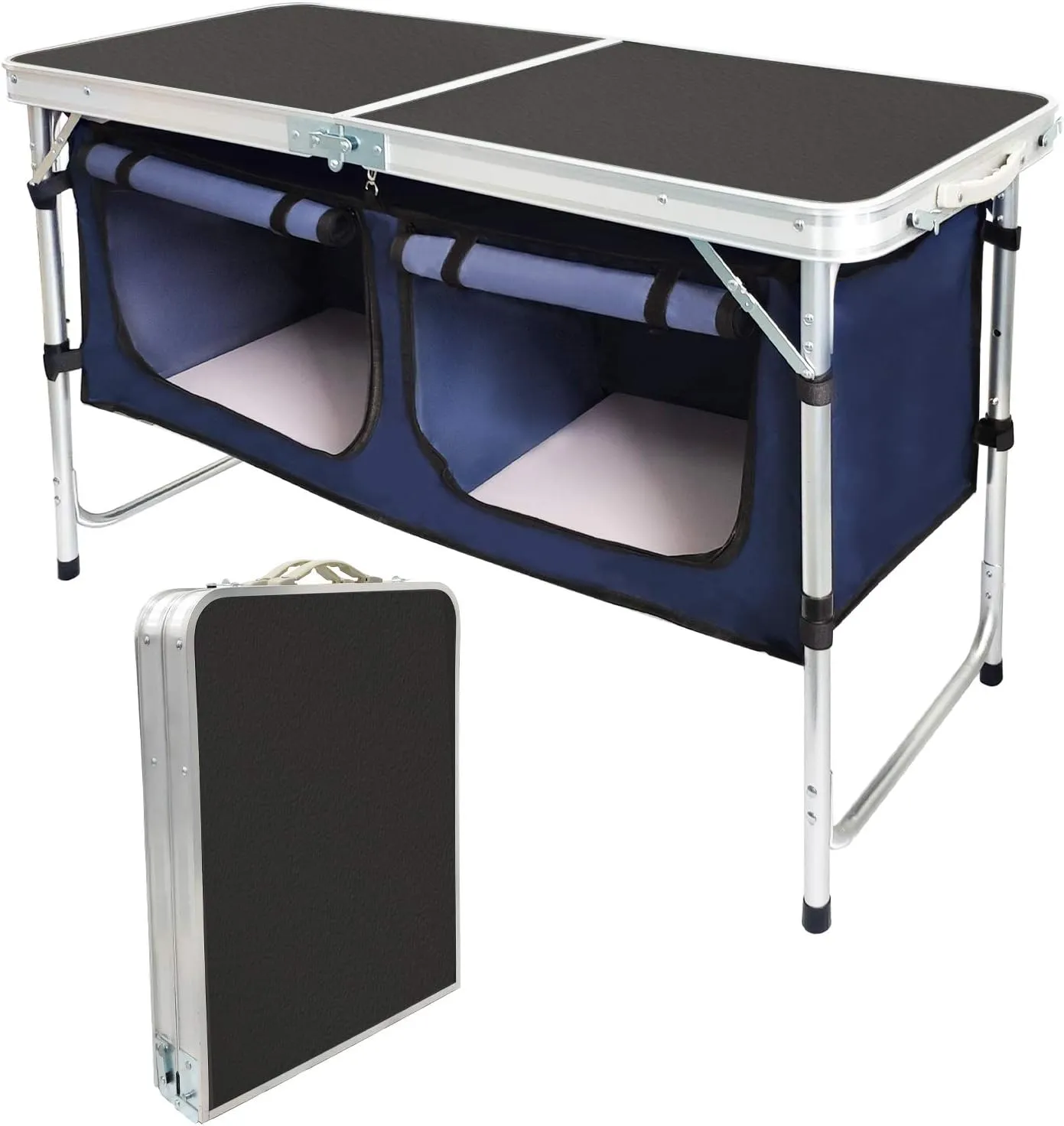 Outdoor Folding Table, Camping Folding Tables with 3 Adjustable Height Legs and Storage Organizer for BBQ, Party, Picnic, Camping (Black)